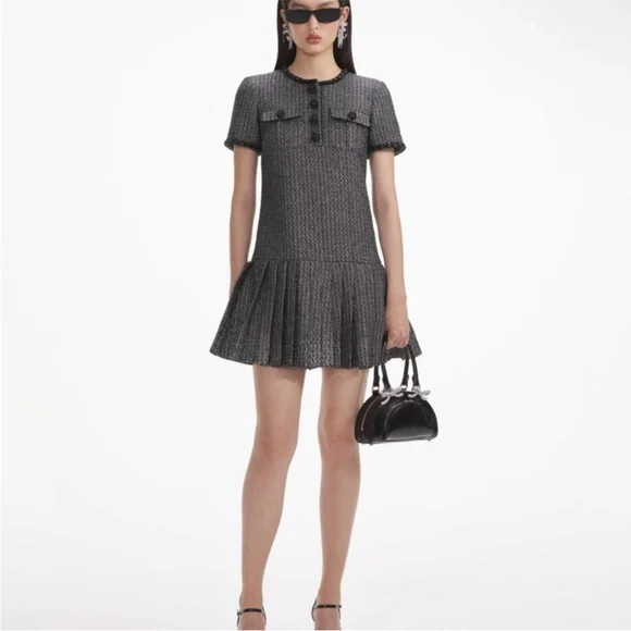 Self Portrait NEW Metallic Boucle Rhinestone Button Pleated Hem Mini Dress US 12 - Picture 4 of 14